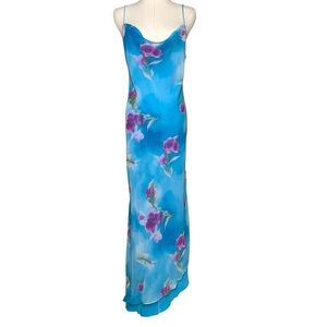 Vintage 90s Blue Floral Drop Neck Strappy Maxi Dress Asymmetrical